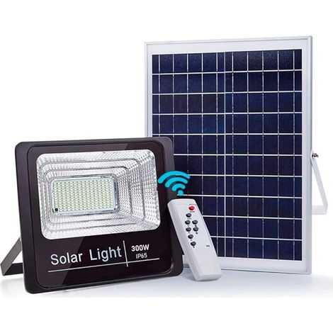 Projecteur solaire LED 300 W avec panneau solaire, projecteurs solaires d'extérieur à intensité variable avec télécommande, plus Offre exclusive