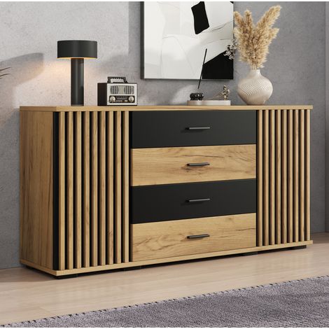 Sideboard 140 x 35 x 70 cm aus MDF mit 4 Schubladen und 2 Türen, Eiche-Schwarz, verstellbare Böden (1/5)