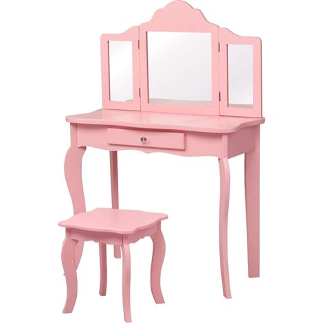 Costway – Coiffeuse enfant rose avec miroir pliable et grand tiroir – Dimensions 70 x 34 x 103 cm – Matériau MDF durable et peinture sans plomb