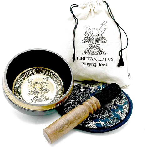 Coffret cadeau bol chantant battu et gravé à la main - 14 cm - Fleur de Lotus- Vendu par 1 (1/2)