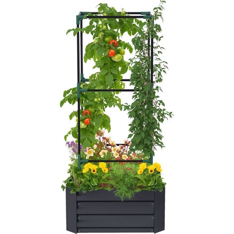 Bac à planter surélevé gris foncé avec treillis de soutien pour plantes grimpantes, fond ouvert, résistant aux intempéries, dimensions 61 × 61 × 140 cm