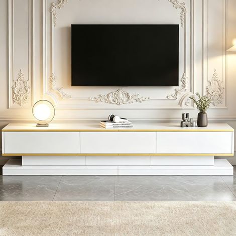 Meuble TV blanc 200 cm avec 3 tiroirs - Meuble de salon design, meuble télévision avec rangement, bord doré - style scandinave (1/5)