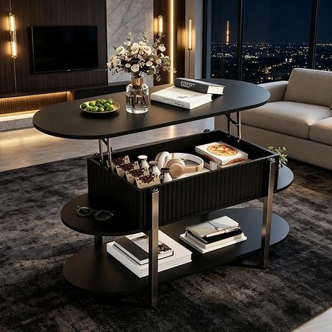 Table de Salon Modernes avec Plateau Relevable, 106×45×50cm Table Basse Relevable avec Rangement Caché et Compartiments Ouverts Table de Salon pour Salon, Chambre -Noir
