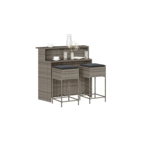 Ensemble de bar de jardin 3 pcs et coussins gris résine tressée (1/5)