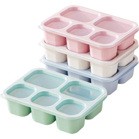 Lot de 4 boîtes à lunch Bento écologiques en paille de blé à 5 compartiments pour enfants et adultes Réutilisables et empilables, multicolores (vert/bleu/rose/beige) pour l'école, le travail et les v (1/5)