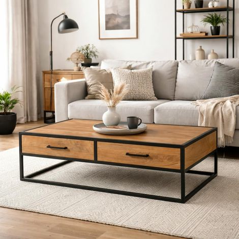 Table basse bois clair métal noir 4 tiroirs RIVANO (1/5)