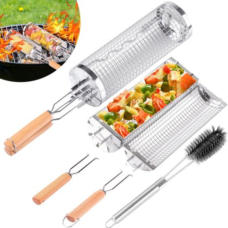 Lot de 2 paniers de barbecue en acier inoxydable avec doubles poignées en bois design à ouverture latérale avec brosse de nettoyage (1/5)