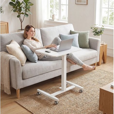 Bureau assis-debout 60.5x52x75-114 cm blanc en bois avec plateau inclinable et roulettes (1/5)