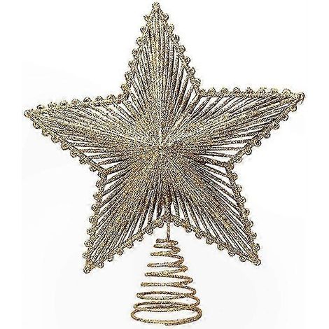 Étoile de Noël 5 branches, dorée à paillettes, décoration suspendue pour sommet de sapin, ornement de fête rouge, motif rayé ajouré (1/4)