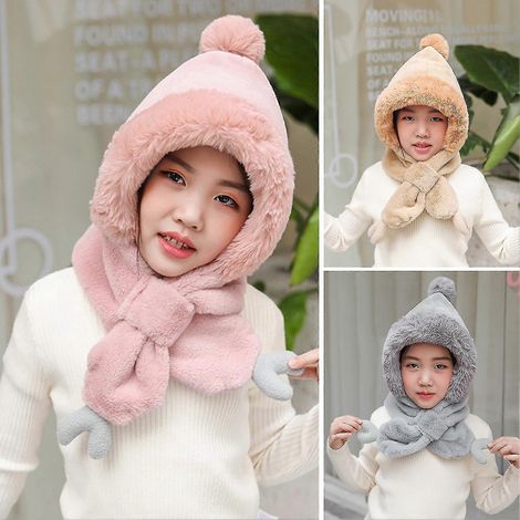 Wintermütze für Kinder, gestrickt, winddicht, warm, mit Kapuze, Schal-Pink