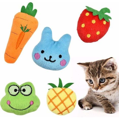 Cataire Jouets, 5 Pièces Jouets à l'herbe à Chat, Cataire Interactive Jouets à Mâcher Jouet en Peluche pour Chaton Kitty Fraise/Grenouille/Lapin/Ananas/Carotte (1/4)