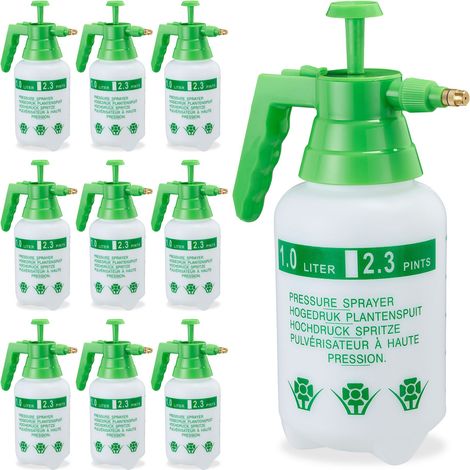10 Pulverizadores Agua Presión, Boquilla Ajustable, Vaporizador para Plantas, Jardín, 1 l, PE-Latón, Verde