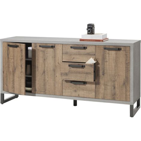 Contro mobile madia multiuso "Industrial" con 3 ante e 3 cassetti rovere e cemento h 90 cm (1/4)