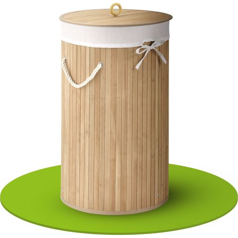 Juskys Bambus Wäschekorb Curly-Round – 55 Liter Volumen – Wäschesammler mit Deckel, Tragegriffen & Stoff Wäschesack – 1 Fach Wäschebox – in Natur (1/5)