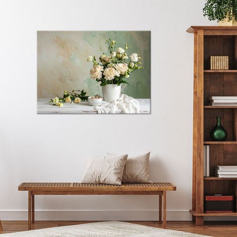 Wandbild Shabby Chic Blumen Rosenstrauß auf pastellfarbenem Hintergrund 100x70 (1/4)