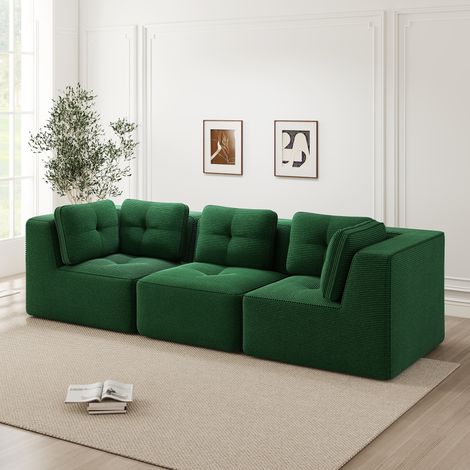 Canapé d'angle modulaire en velours côtelé vert, assise profonde trois places, sans cadre ni montage requis pour salon (1/4)