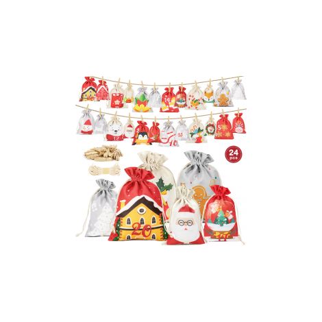 Ortviai – 24 Adventskalender-Säckchen aus Stoff – Weihnachtsbeutel mit Zugband, Zahlen und Motiven, wiederverwendbar – kompatibel mit Süßigkeiten und kleinen Geschenken (1/5)