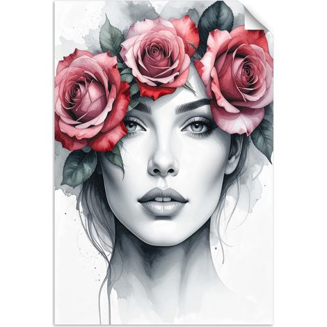 Selbstklebendes Poster – Wandsticker Porträt einer Frau mit Rosenblüten auf dem Kopf 60x90 cm
