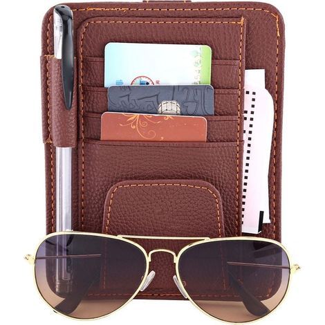 Auto voiture pare-soleil organisateur pochette sac carte stockage lunettes support pince marron (1/5)