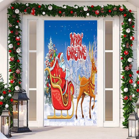 Décorations de Noël avec cloches, nœuds, flocons de neige, Père Noël, banderole « Joyeux Noël » - 90 x 180 cm (perforée + ruban) - 16