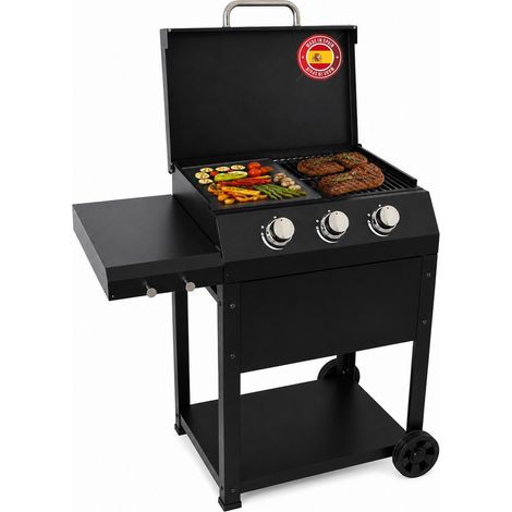 Barbecue a Gas 3 Bruciatori con Plancha in Ghisa e Griglia 60X36cm, Accensione Piezo, Coperchio, Carrello con Ruote, Mensola Laterale, BBQ per Giardino e Terrazza (1/5)
