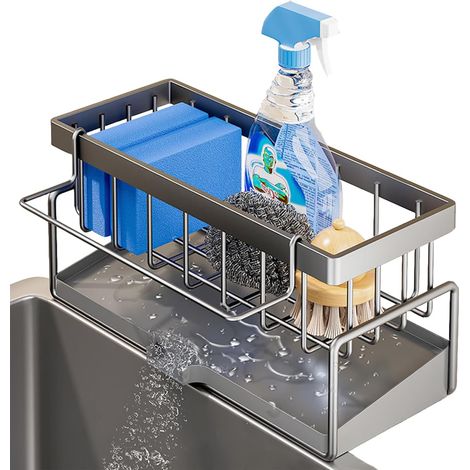 Organisateur d'évier gris avec étagère de vidange, porte-éponge et bac de drainage – Range-éponge de cuisine et salle de bain, super organisateur multifonction