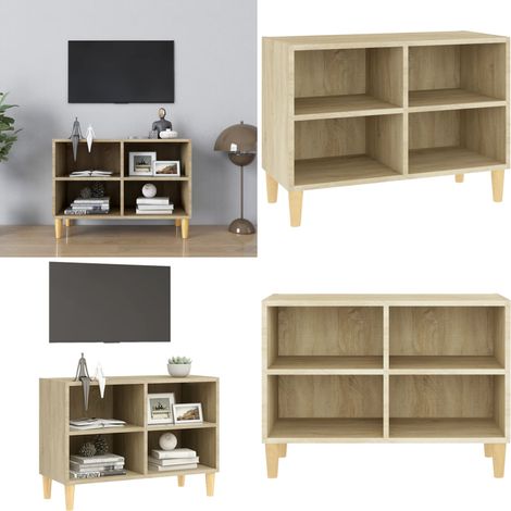 Meuble TV avec pieds en bois massif Chêne sonoma 69,5x30x50 cm - Meuble Tv - Meuble Téléviseur - Buffet - Rangement - Style Scandinave - Home & Living