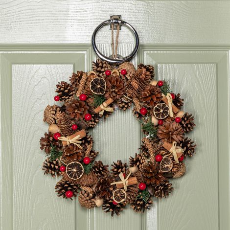 36cm Winter Spice Hanging Christmas Wreath with Pine Cones Red Berries & Dried Fruit (1/5)
