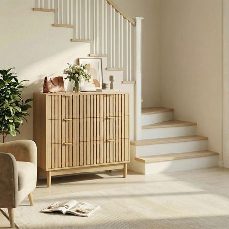 Commode moderne de style campagnard médiéval à trois tiroirs, meuble de rangement pour coiffeuse, meuble en bois, convenant au salon, à la chambre, au couloir, couleur chêne.