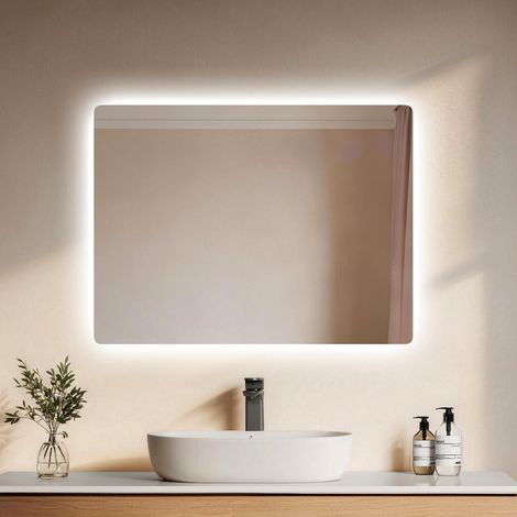 EMKE Miroir de salle de bain LED rétroéclairé 80x60 cm, miroir lumineux mural avec éclairage blanc froid