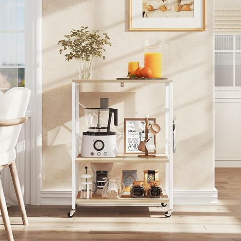 WOLTU Estante de cocina con ruedas, carrito de servicio de 3 niveles, estante para horno microondas y tostadora, estructura de metal con 4 ganchos, blanco con efecto madera (1/5)