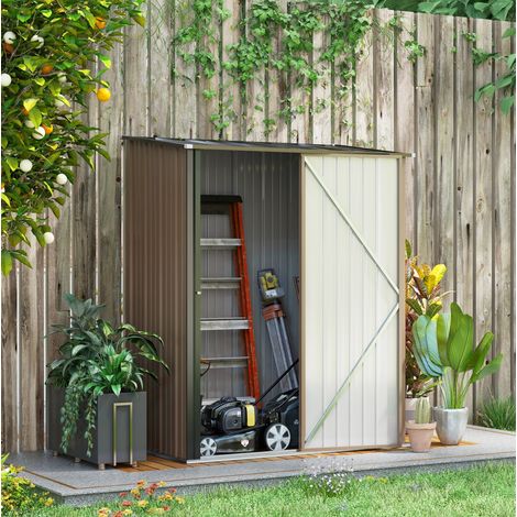 Caseta de jardín de acero galvanizado marrón con techo inclinado 161,5 x 94,5 x 196 cm (1/5)