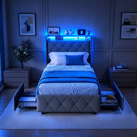 JOOKGBD-Polsterbett 90x200cm mit LED-Beleuchtung und Stauraum,Jugendbett mit USB-Ladefunktion & schubladen,Bett mit Lattenrost und Gepolstertes Kopfteil,Samt,ohne Matratze,Grau (1/5)
