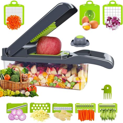 Trancheuse, coupe-légumes multifonction 12 en 1, 7 lames interchangeables en acier inoxydable avec séparateur d'œufs, protège-mains idéal pour couper les fruits (1/4)