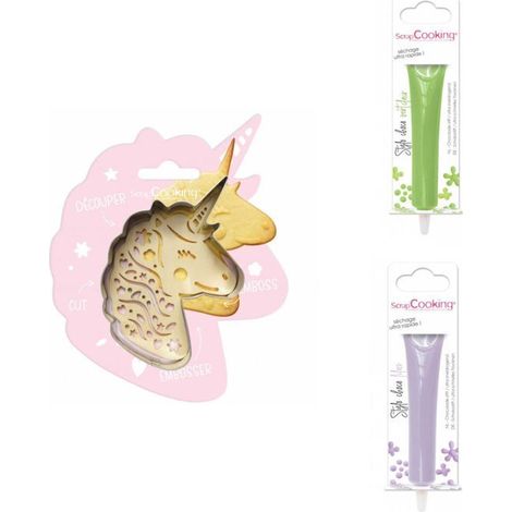 Kit pour biscuit en relief Licorne + 2 Stylos au chocolat vert clair et lilas