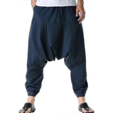 Hippie-Haremshose für Herren, Baggy-Stil, Leinen, Boho-Stil, Yoga-Freizeithose mit tiefem Schritt, A-Good-2XL-Blue (1/2)