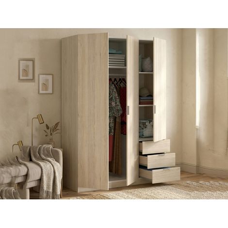 Dmora - Armoire Cimone, Portemanteau pour chambre, Armoire avec 3 portes battantes et 3 tiroirs, 121x52h184 cm, Chêne, avec emballage renforcé