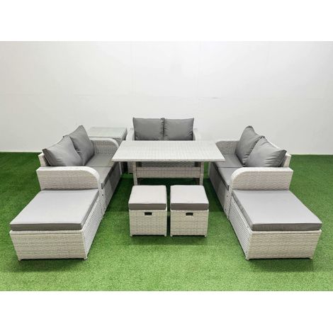 Fimous PE Rattan Lounge Sofa Set 10 Seater Outdoor Garden Furniture Set with Dining Table Love Sofa 2 Big Footstools 2 Small Stool Side Table Light Grey (1/4)