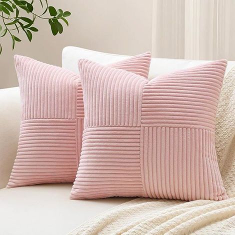 Lot de 2 Housse de Coussin 40x40 cm en Velours Côtelé,Housse Coussins Patchwork à Rayures Croisées 40 x 40 cm (Lot de 2) ROSE (1/5)