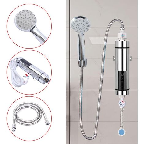Elektrische Durchlauferhitzer 5500W Mini Warmwasserbereiter mit LED Anzeige Instant Heizung Niederdruck Untertischgerät mit Duschset für Küche Badezimmer 230V
