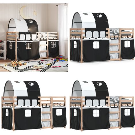 Etagenbett mit Vorhängen Weiß Schwarz 90x200 cm Kiefernholz - Kinderzimmermöbel - Hochbett - Etagenbett - Jugendzimmer - Holzbett - Home & Living (1/5)