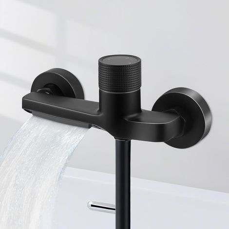 Duscharmatur mit Sicherheitsknopf, Badewannenarmatur mit Wasserfallfunktion, 2 Auslässe, Thermostat, Duscharmatur mit Thermostat, Duschthermostat aus Messing, schwarz (1/5)