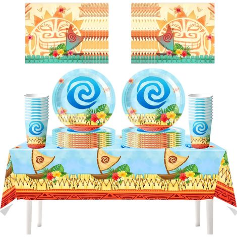 Lot de 61 pièces de vaisselle sur le thème de la plage, idéal pour organiser une soirée hawaïenne, comprenant des gobelets en papier, des serviettes en papier, des assiettes et une nappe
