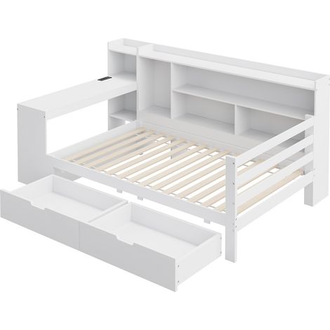 Letto multifunzione 90 x 200 cm in legno bianco con scrivania, scaffali e 2 cassetti (1/4)