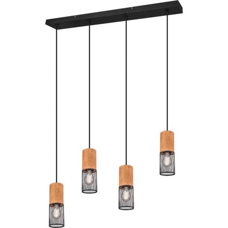 Lampada Sospensione 4 Luci Cilindri Gabbia Metallo Nero Legno cm Tosh GD Trio (1/4)
