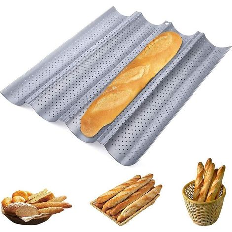 Baguetteform – Perforierter Kohlenstoffstahl – Für französisches Brot – 4-fach-Form – Ofenfest bis 230 °C – 1 Stück (1/5)