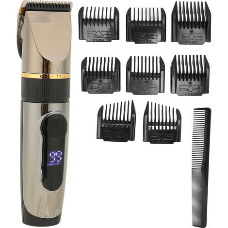 Tondeuse à cheveux USB avec écran LCD étanche, batterie lithium 2200 mAh et 8 peignes de guidage inclus. (1/5)