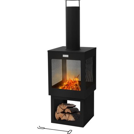 ML-Design Chimenea de Jardín 128 x 40 cm Cuadrada de Acero Negro, Estufa de Terraza para Exterior con Atizador, Techo Desmontable y Compartimento para Leña, Fogata Brasero Hoguera para Camping