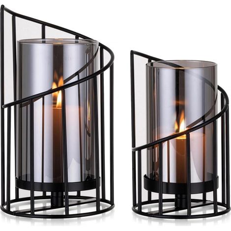 Windlicht Glaszylinder Kerzenhalter Metallboden Teelicht Schwarz (1/5)