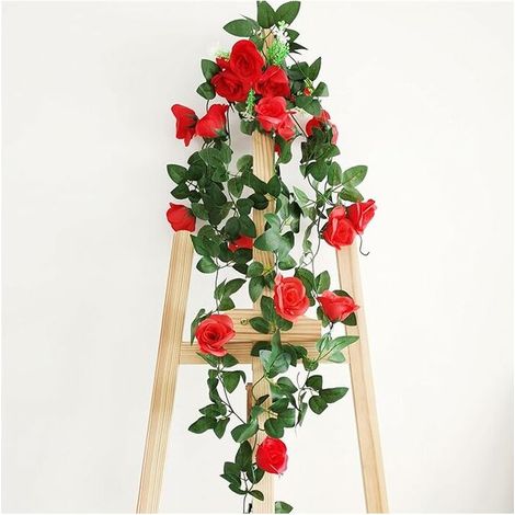 Lot de 2 roses artificielles à suspendre, plantes grimpantes artificielles en soie pour décoration de mariage, intérieur ou extérieur (rouge) (1/5)